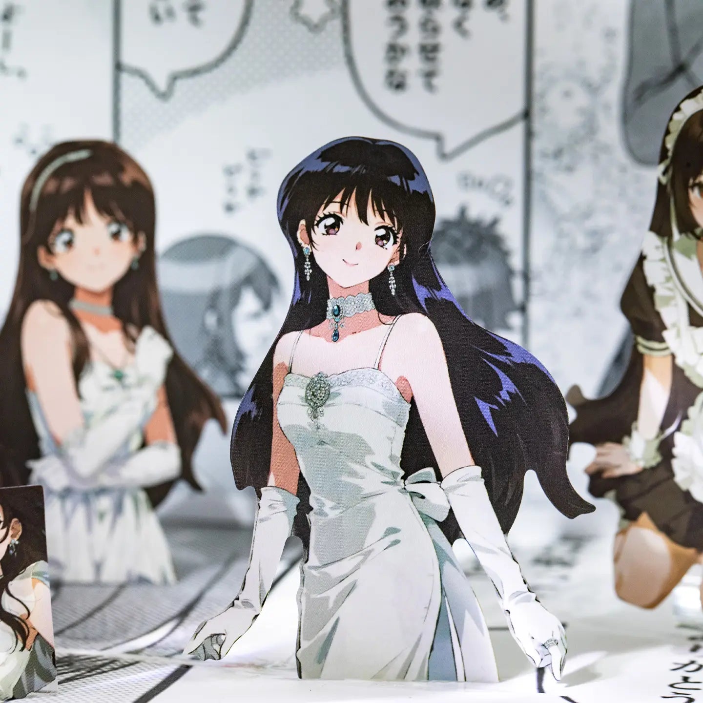 Large illustrated character sticker in a white dress with monochrome portrait stickers in the background