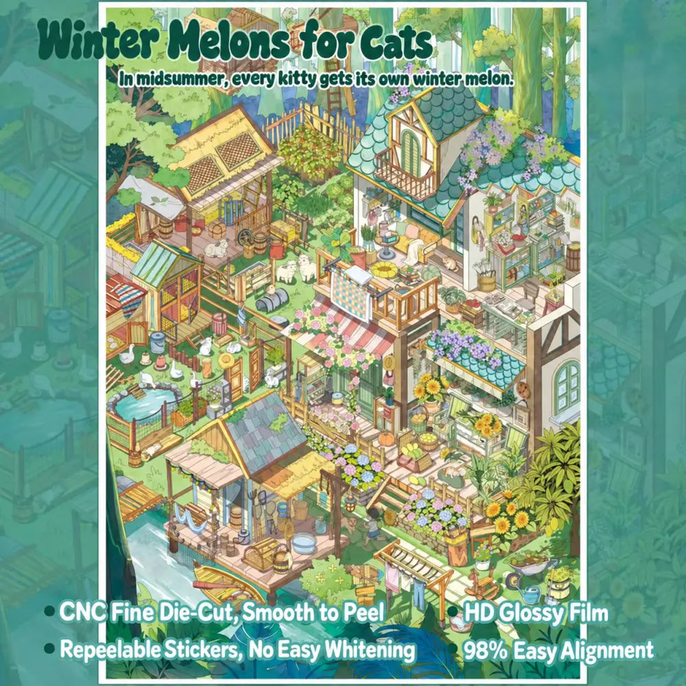 Winter Melons for Cats scene sticker kit with a green garden house, cats, plants, flowers, and cozy outdoor details