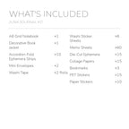 English contents list for the Woodland Stories Junk Journal Kit with included item names and quantities