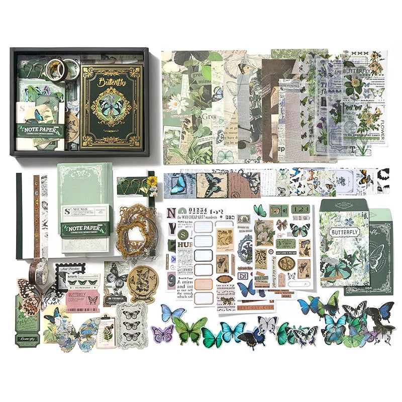Woodland Stories Junk Journal Kit flat lay showing the coordinated papers, ephemera, stickers, and craft embellishments included in the set