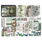 Woodland Stories Junk Journal Kit flat lay showing the coordinated papers, ephemera, stickers, and craft embellishments included in the set