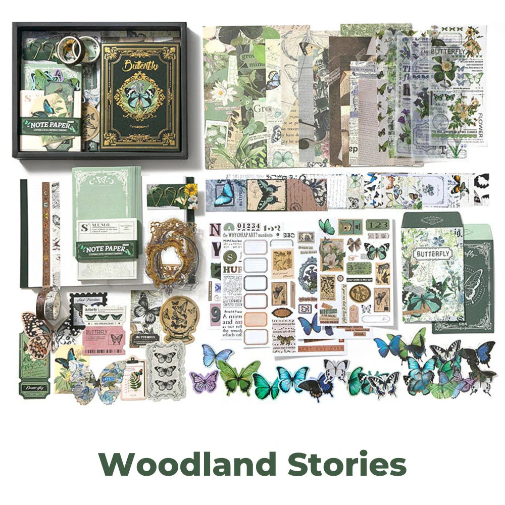 Woodland Stories Junk Journal Kit flat lay showing the coordinated papers, ephemera, stickers, and craft embellishments included in the set