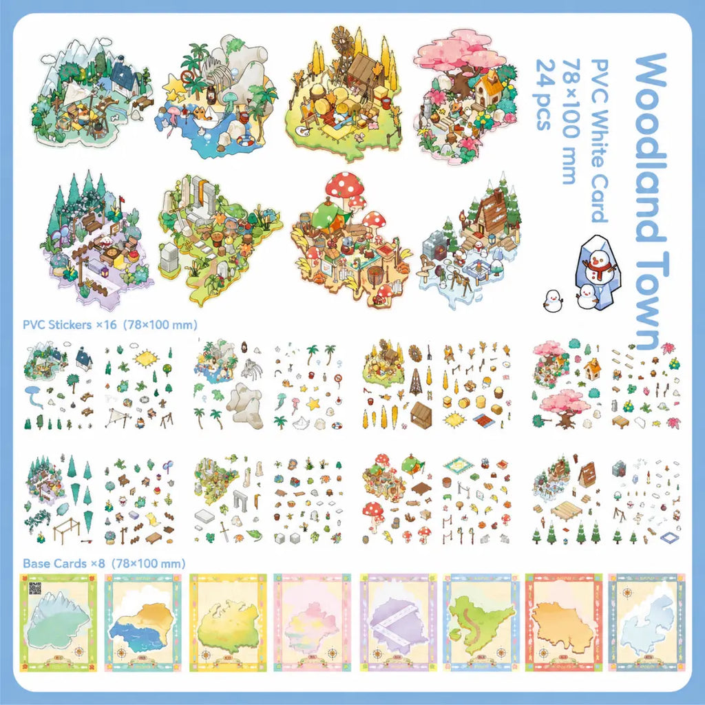 Woodland Town 3D scene sticker book contents showing eight base cards and sixteen PVC sticker sheets