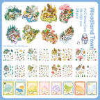 Woodland Town 3D scene sticker book contents showing eight base cards and sixteen PVC sticker sheets