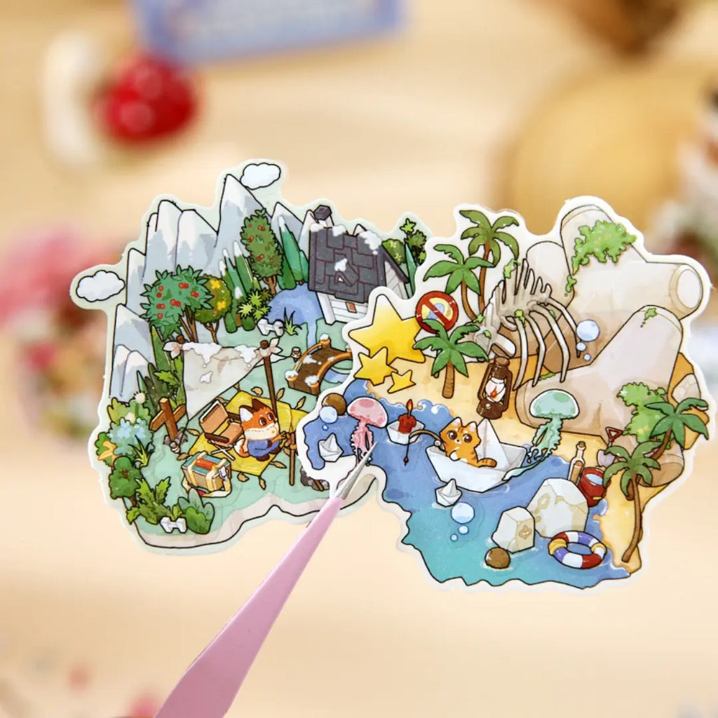 Finished Woodland Town mini scene with snowy mountains, forest details, water, rocks, and small animals