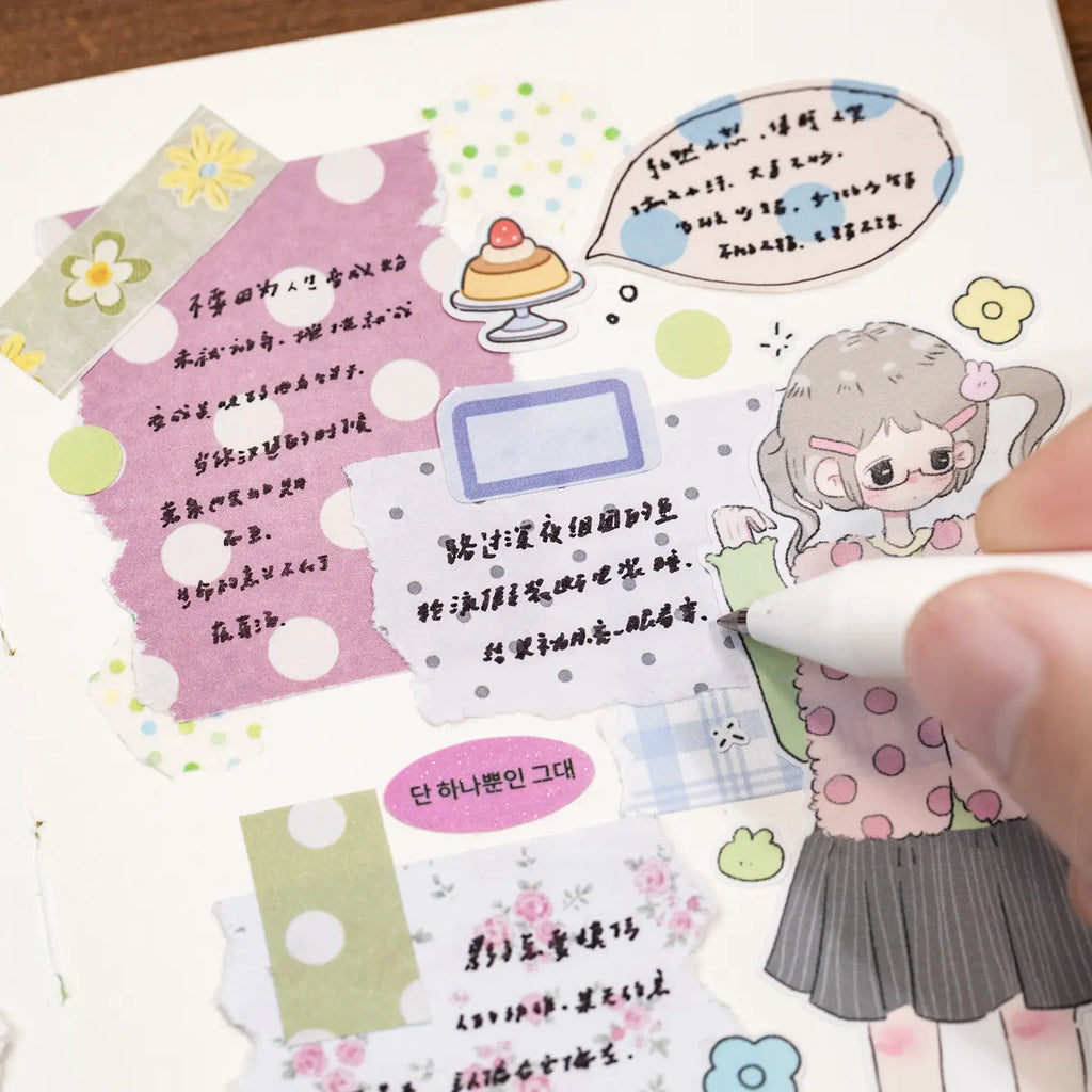 Writable pastel pattern stickers used as layered note spaces on a decorated journal page