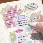 Writable pastel pattern stickers used as layered note spaces on a decorated journal page