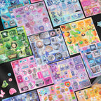 Assorted Y2K retro tech and gadgets sticker book sheets with phones, computers, cameras, makeup, and colorful themes