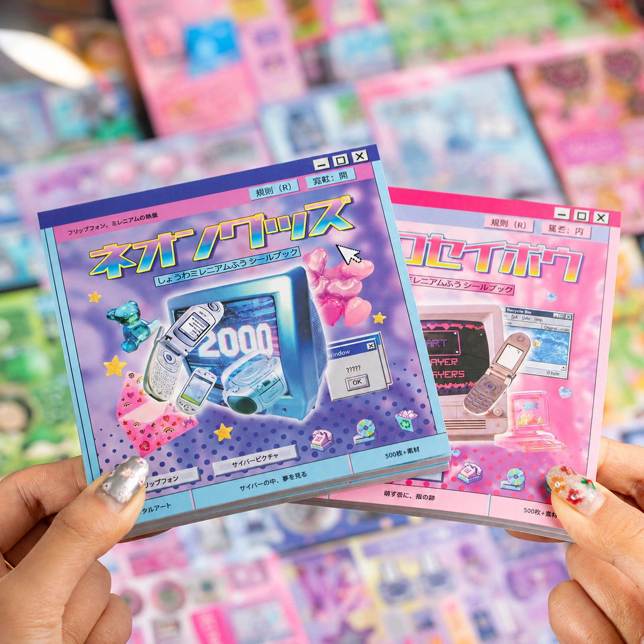 Close-up of a Y2K retro tech and gadgets journaling sticker book set with pink and blue cover designs