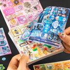 Flip-through view of Y2K retro tech and gadgets sticker book set pages with drinks, desserts, and digital designs