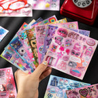 Y2K retro tech and gadgets sticker book pages with colorful accessories, cameras, and decorative designs