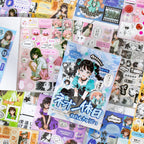 Youth diary character journaling sticker set surrounded by colorful illustrated character and collage sticker sheets