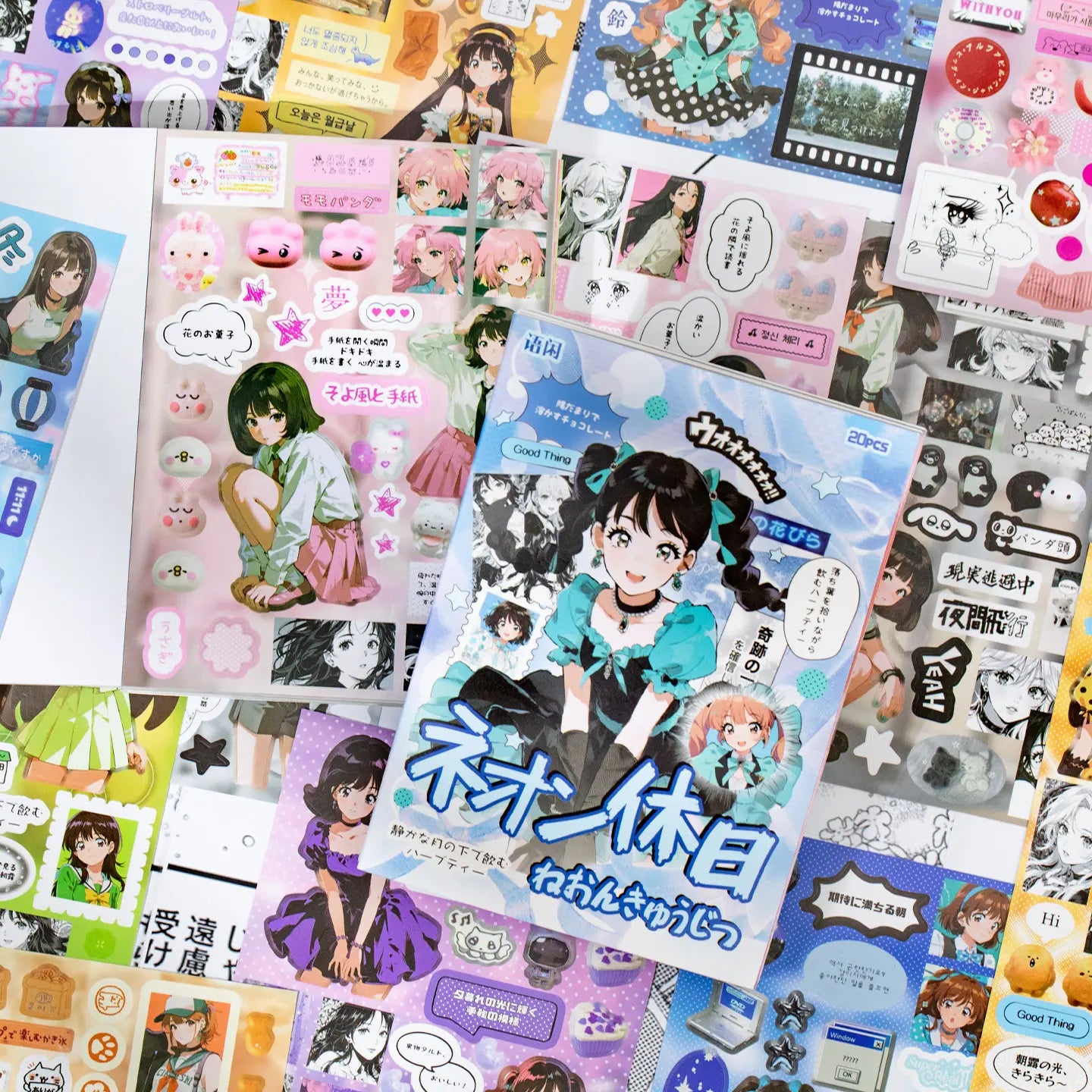 Youth diary character journaling sticker set surrounded by colorful illustrated character and collage sticker sheets